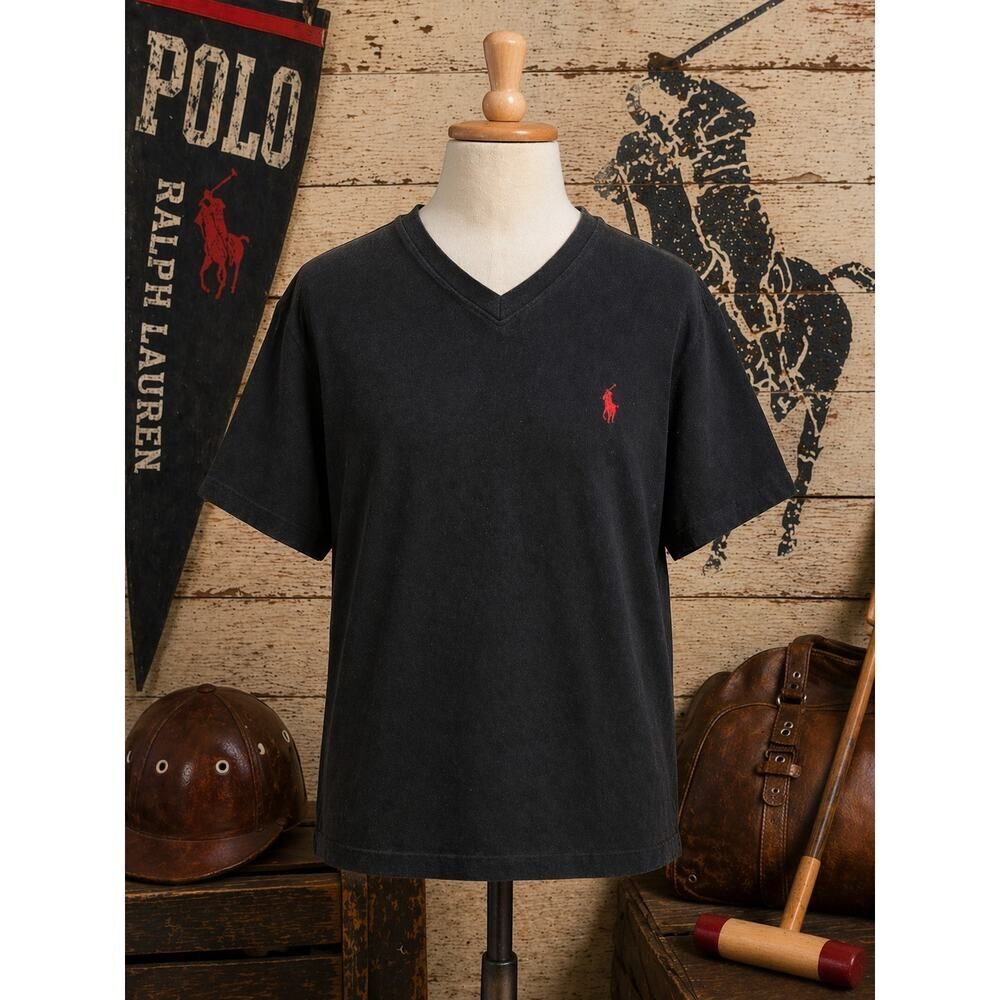 Polo Ralph Lauren Black V-Neck T-Shirt Red Pony Men Classic Fit Soft Tee Large L